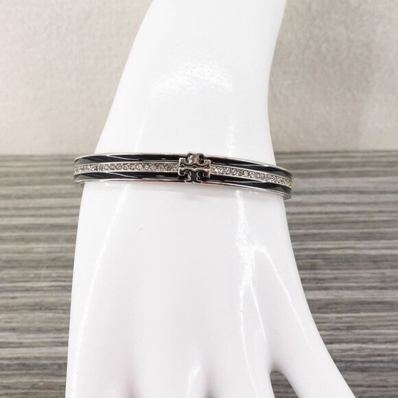 Tory Burch Kira Pave Enamel Hinge Bracelet Black/ Silver OS - Picture 13 of 14